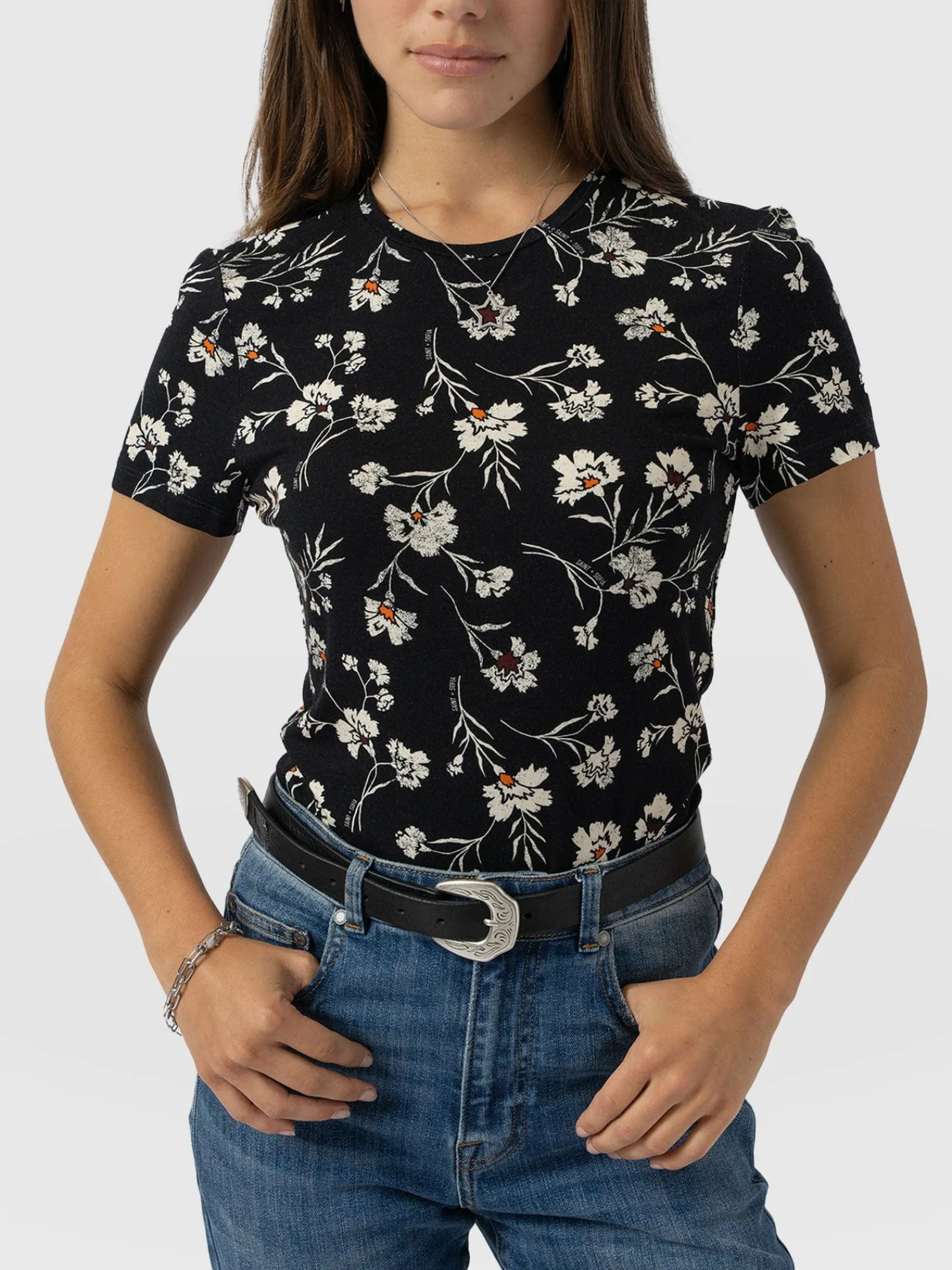 Online Saint and Sofia Austen Crew Neck Tee Short Sleeve - Black Spring Floral