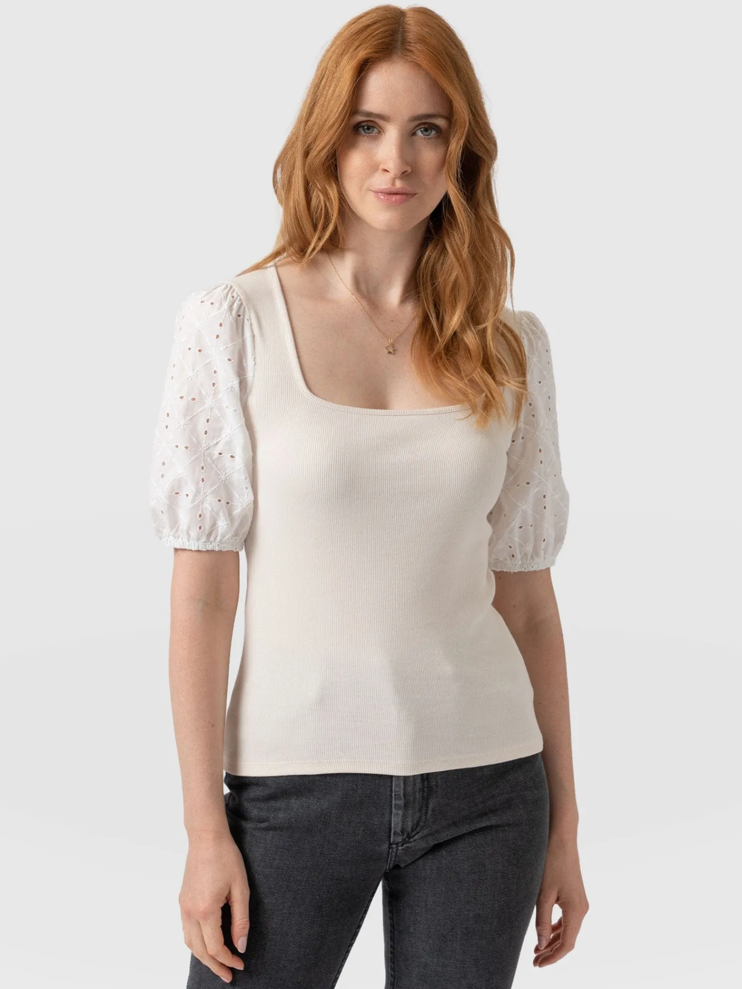 Best Saint and Sofia Cavendish Square Neck Tee - Cream Broderie