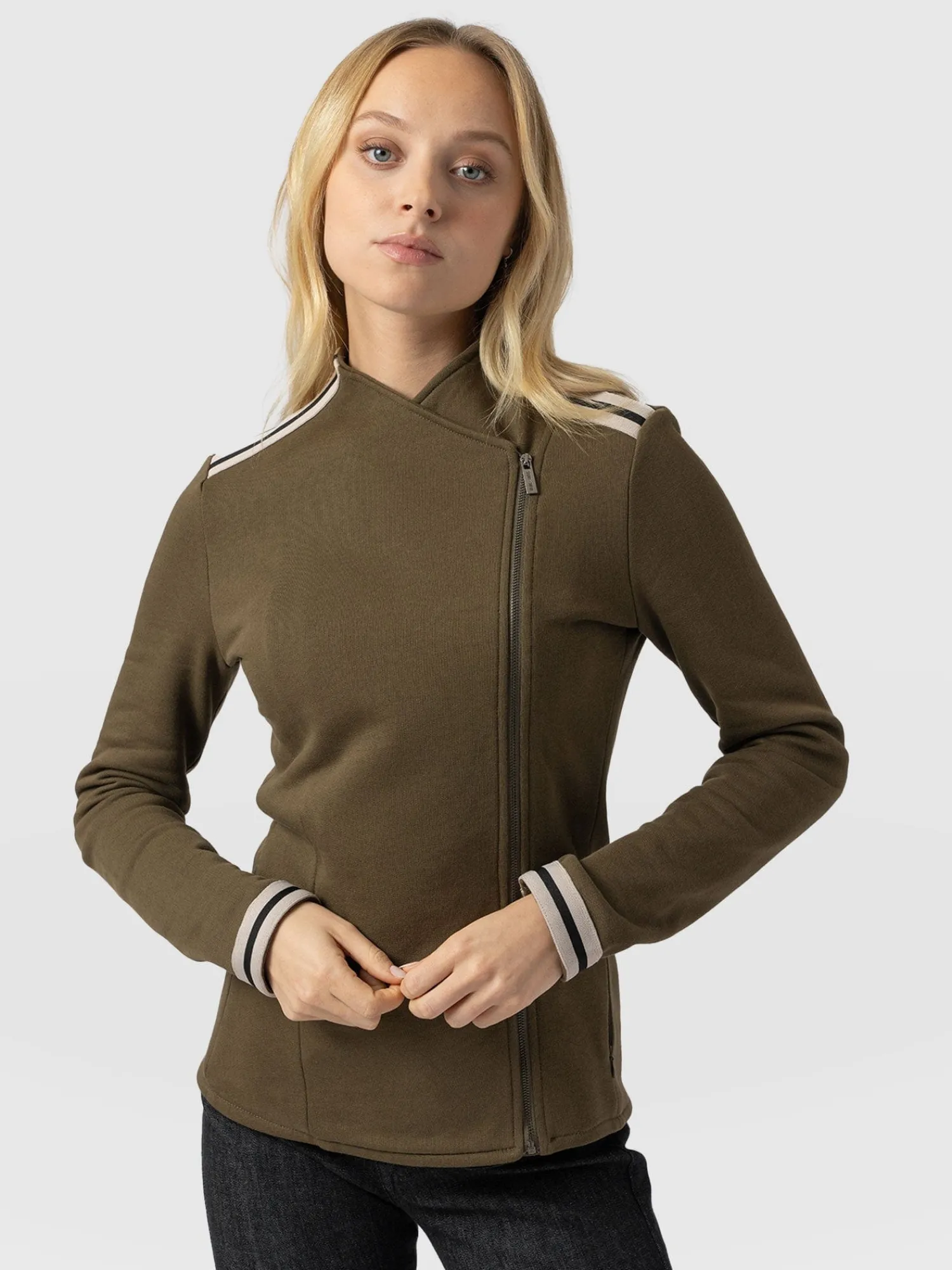 Online Saint and Sofia Cotton Biker Jacket - Khaki - Cream Stripe