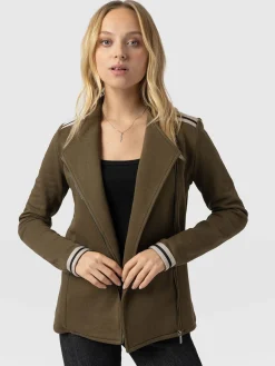 Online Saint and Sofia Cotton Biker Jacket - Khaki - Cream Stripe