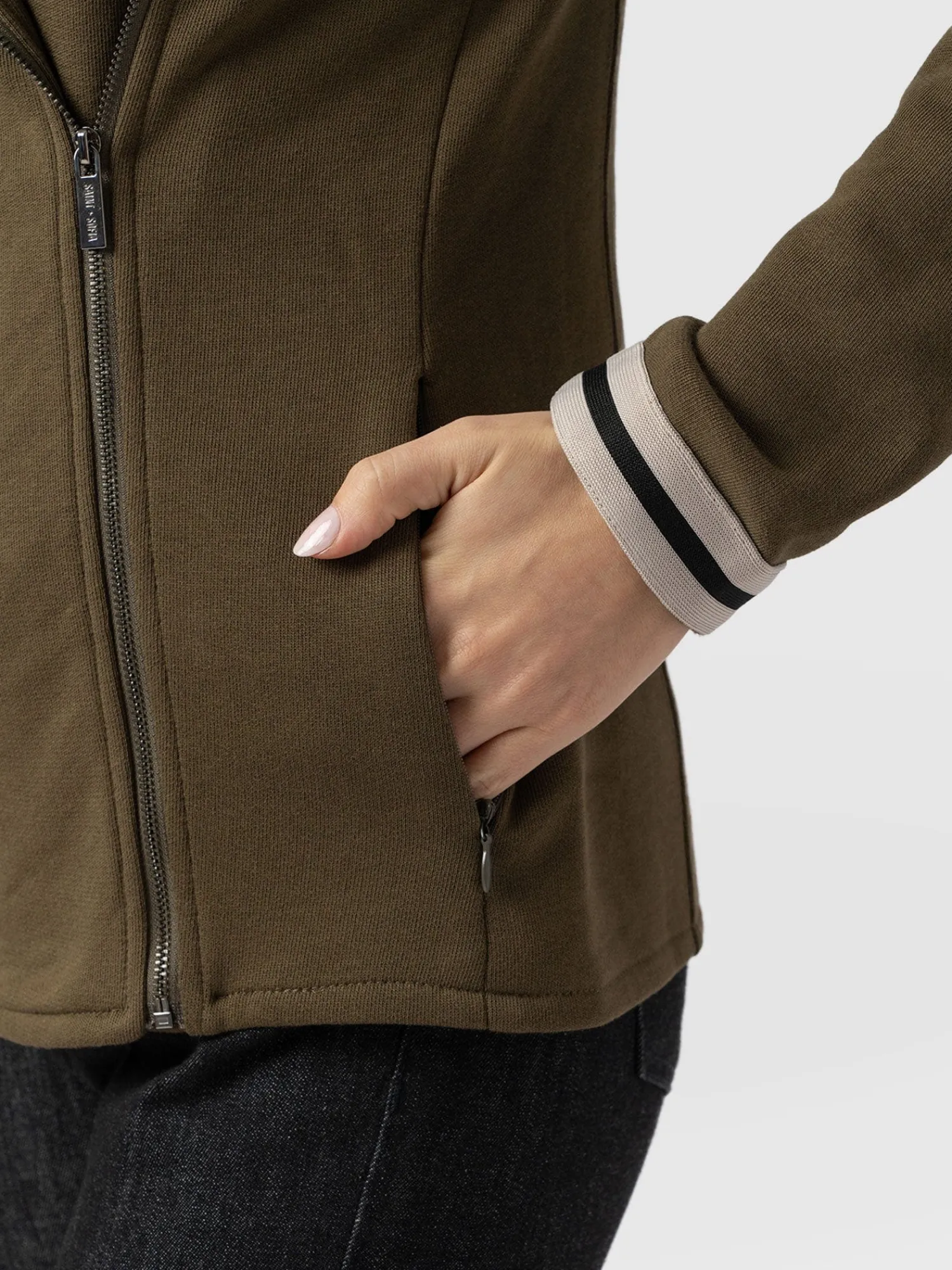 Online Saint and Sofia Cotton Biker Jacket - Khaki - Cream Stripe