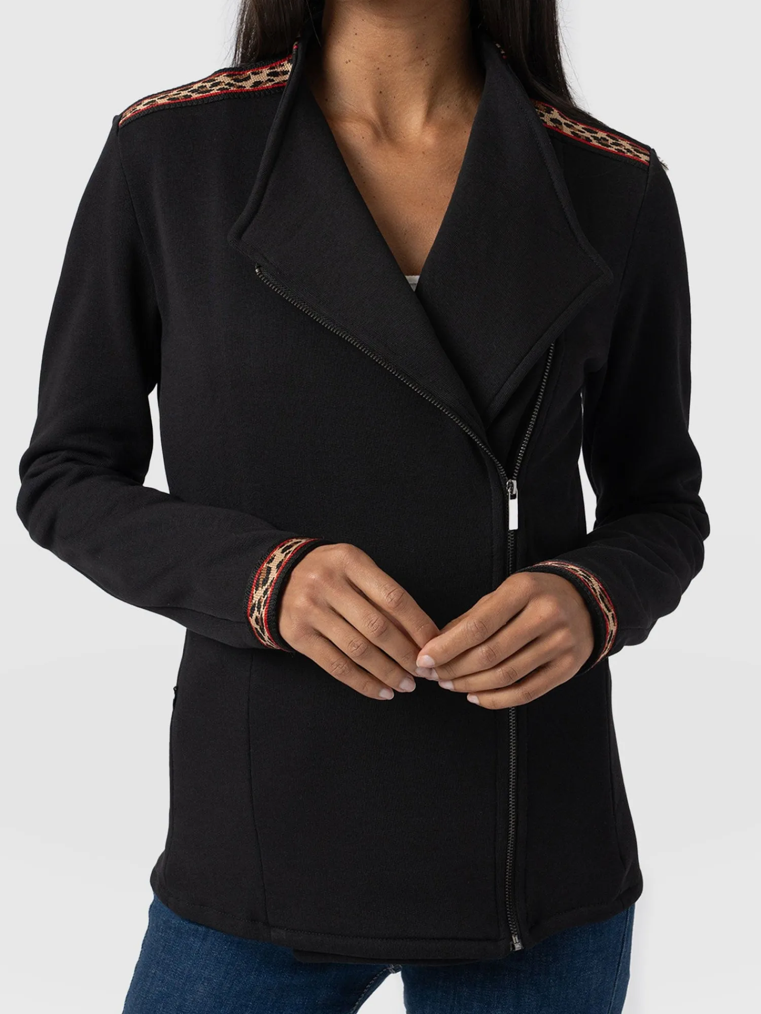 New Saint and Sofia Cotton Biker Jacket - Leopard Trim