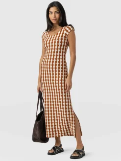 New Saint and Sofia Elise Scoop Neck Midaxi Dress - Brown/Cream