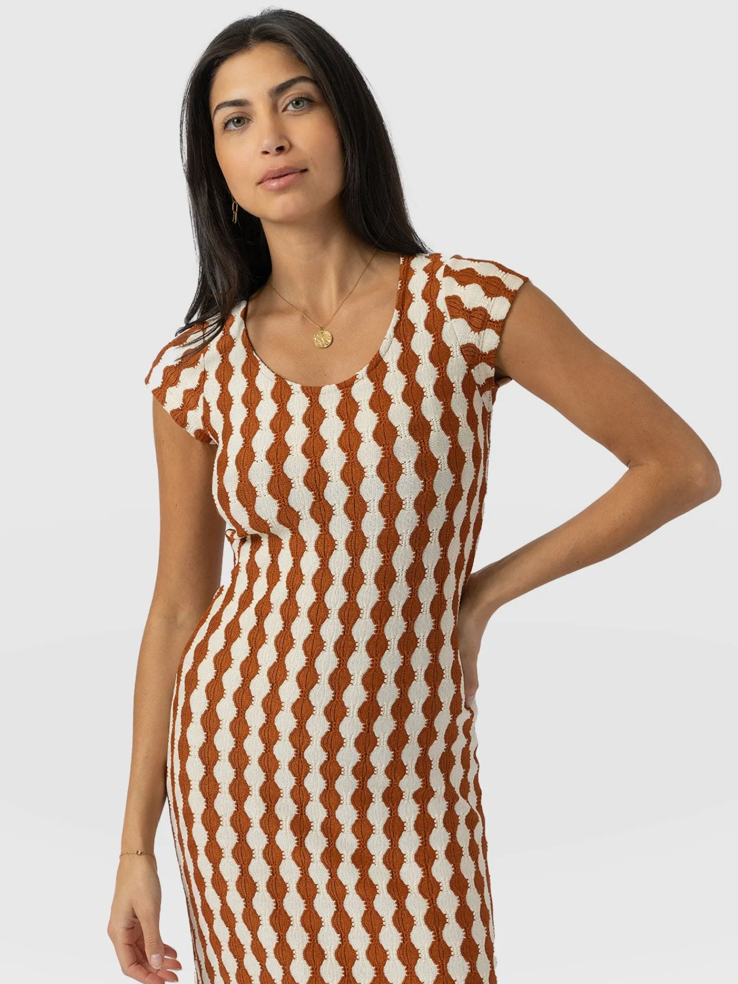 New Saint and Sofia Elise Scoop Neck Midaxi Dress - Brown/Cream