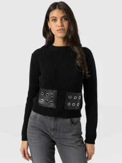 Discount Saint and Sofia Eyelet Rib Knit Sweater - Black