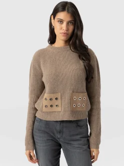 Clearance Saint and Sofia Eyelet Rib Knit Sweater - Mocha