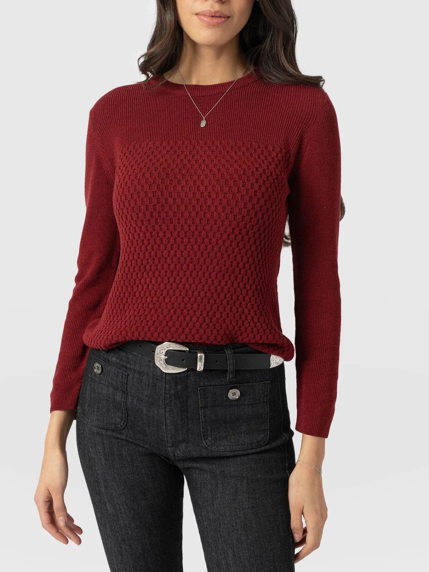 Sale Saint and Sofia Honeycomb Rib Sweater - Burgundy