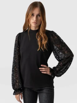 Outlet Saint and Sofia Lace Penny Puff Long Sleeve Top - Black