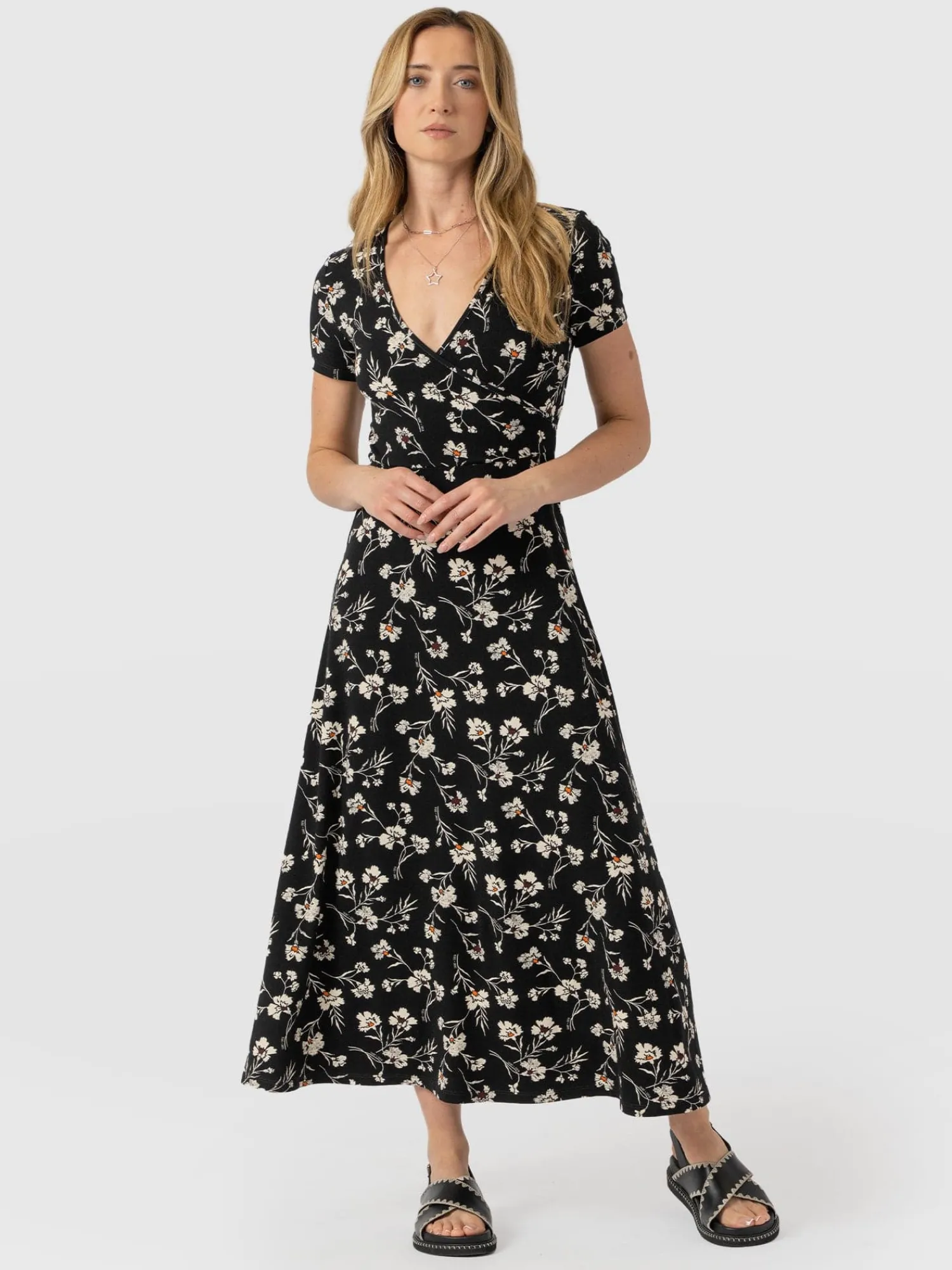Fashion Saint and Sofia Maggie Wrap Short Sleeve Midi Dress - Black Spring Floral