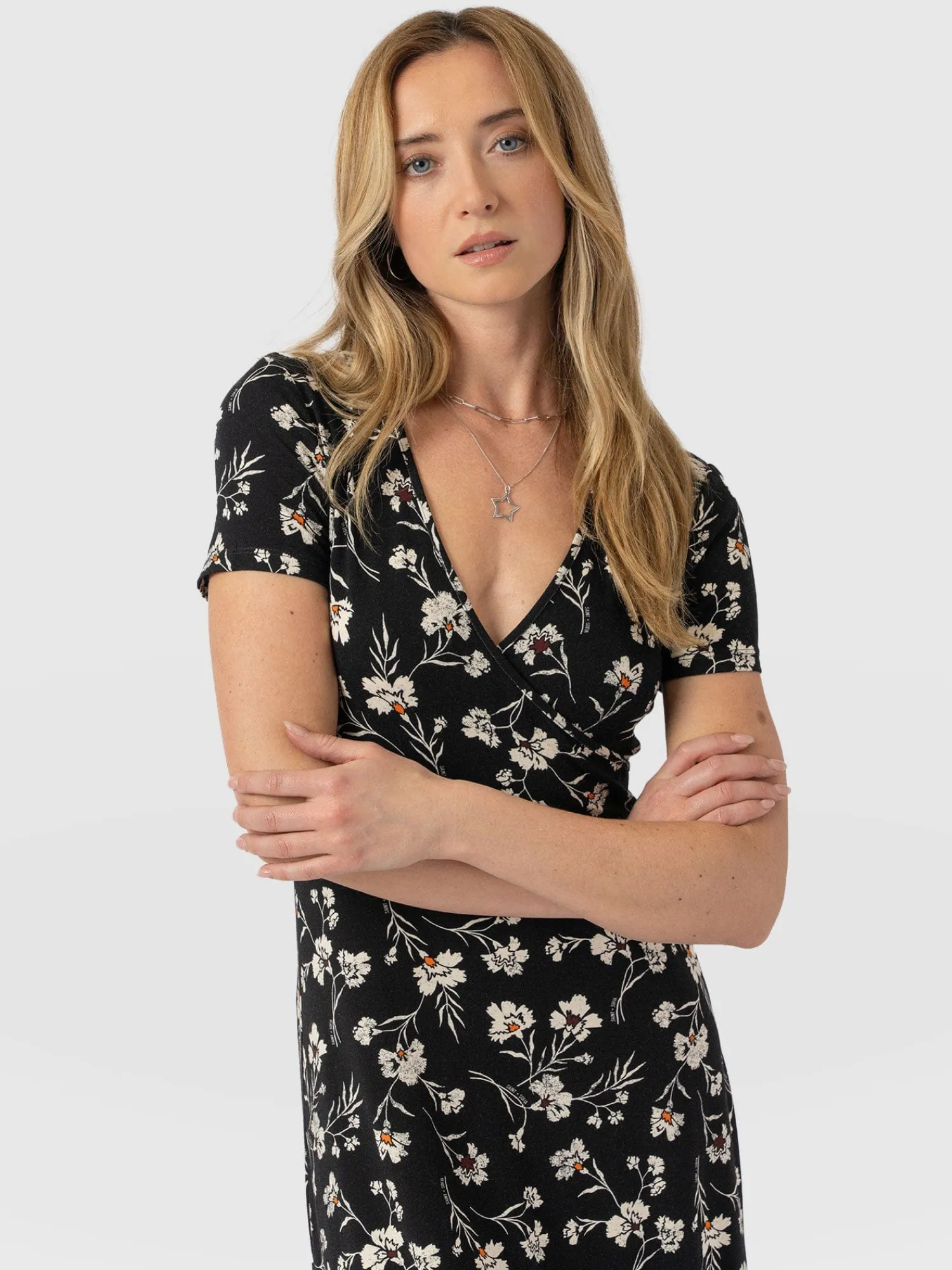 Fashion Saint and Sofia Maggie Wrap Short Sleeve Midi Dress - Black Spring Floral
