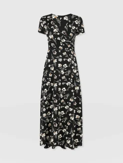 Fashion Saint and Sofia Maggie Wrap Short Sleeve Midi Dress - Black Spring Floral