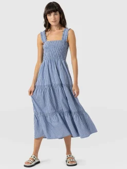 Fashion Saint and Sofia Maya Shirring Dress - Blue Stripe