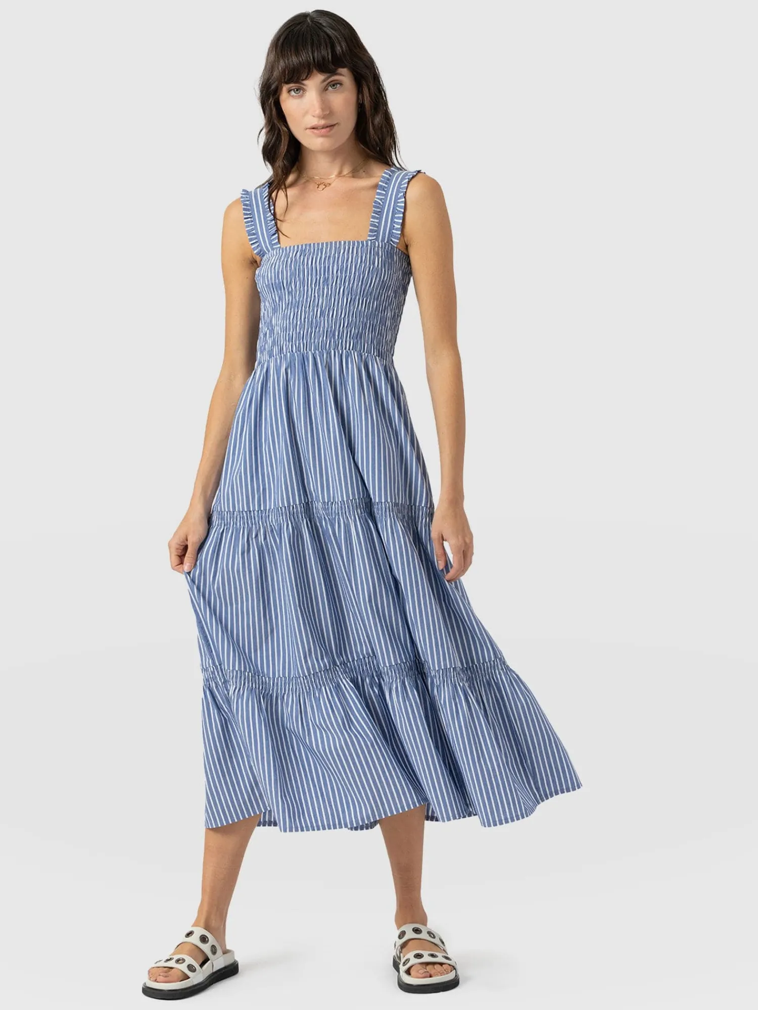 Fashion Saint and Sofia Maya Shirring Dress - Blue Stripe