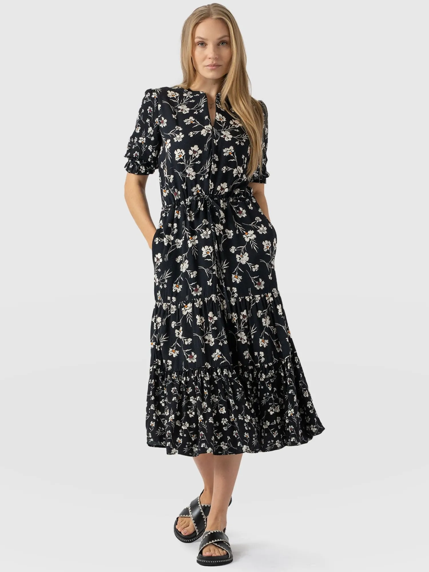Online Saint and Sofia Olivia Zip Up Short Sleeve Dress - Black Spring Floral