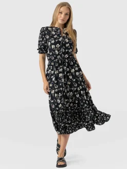 Online Saint and Sofia Olivia Zip Up Short Sleeve Dress - Black Spring Floral