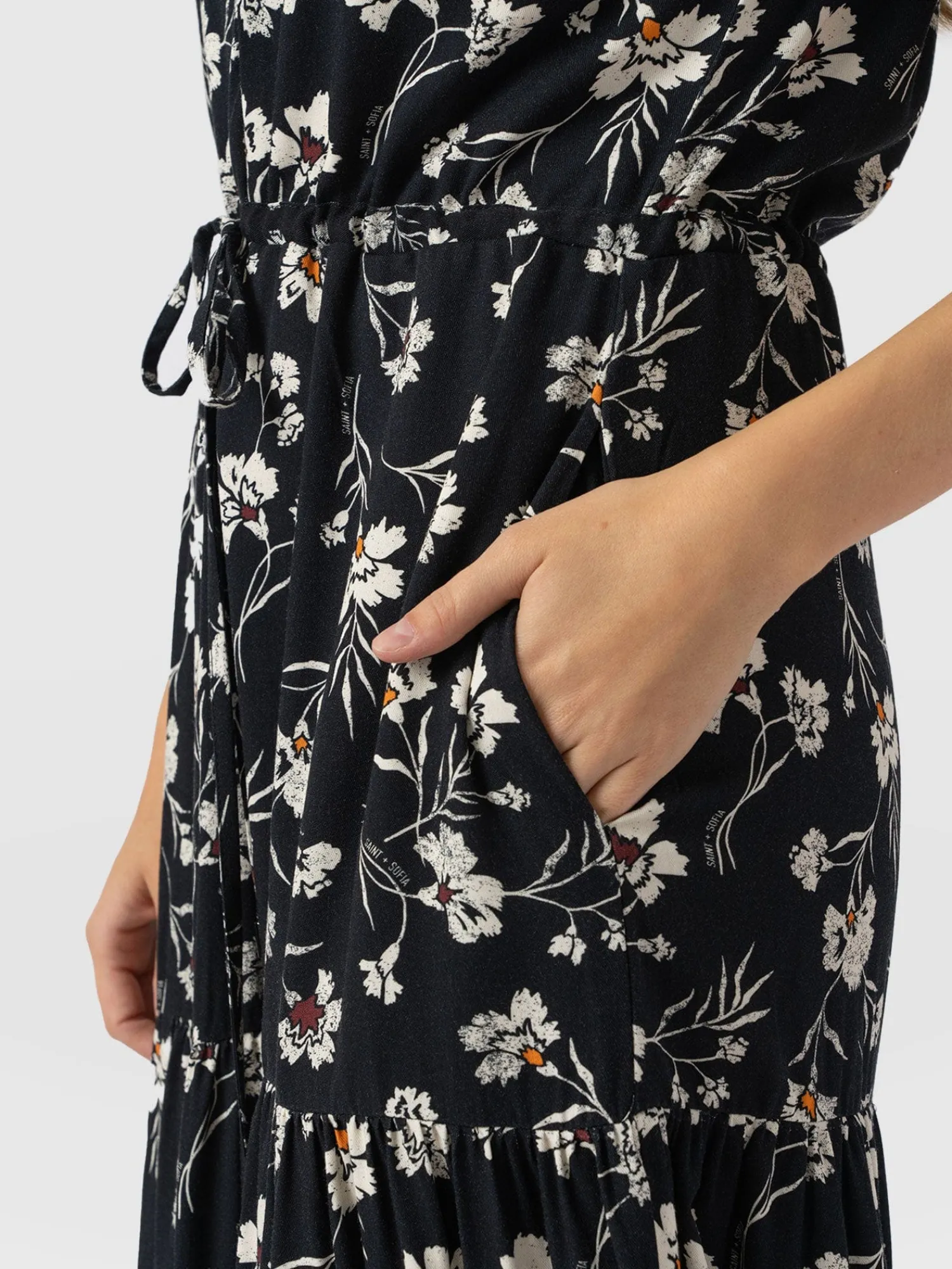 Online Saint and Sofia Olivia Zip Up Short Sleeve Dress - Black Spring Floral