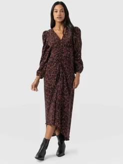 New Saint and Sofia Paloma Ruched Dress - Red Ditsy Leopard