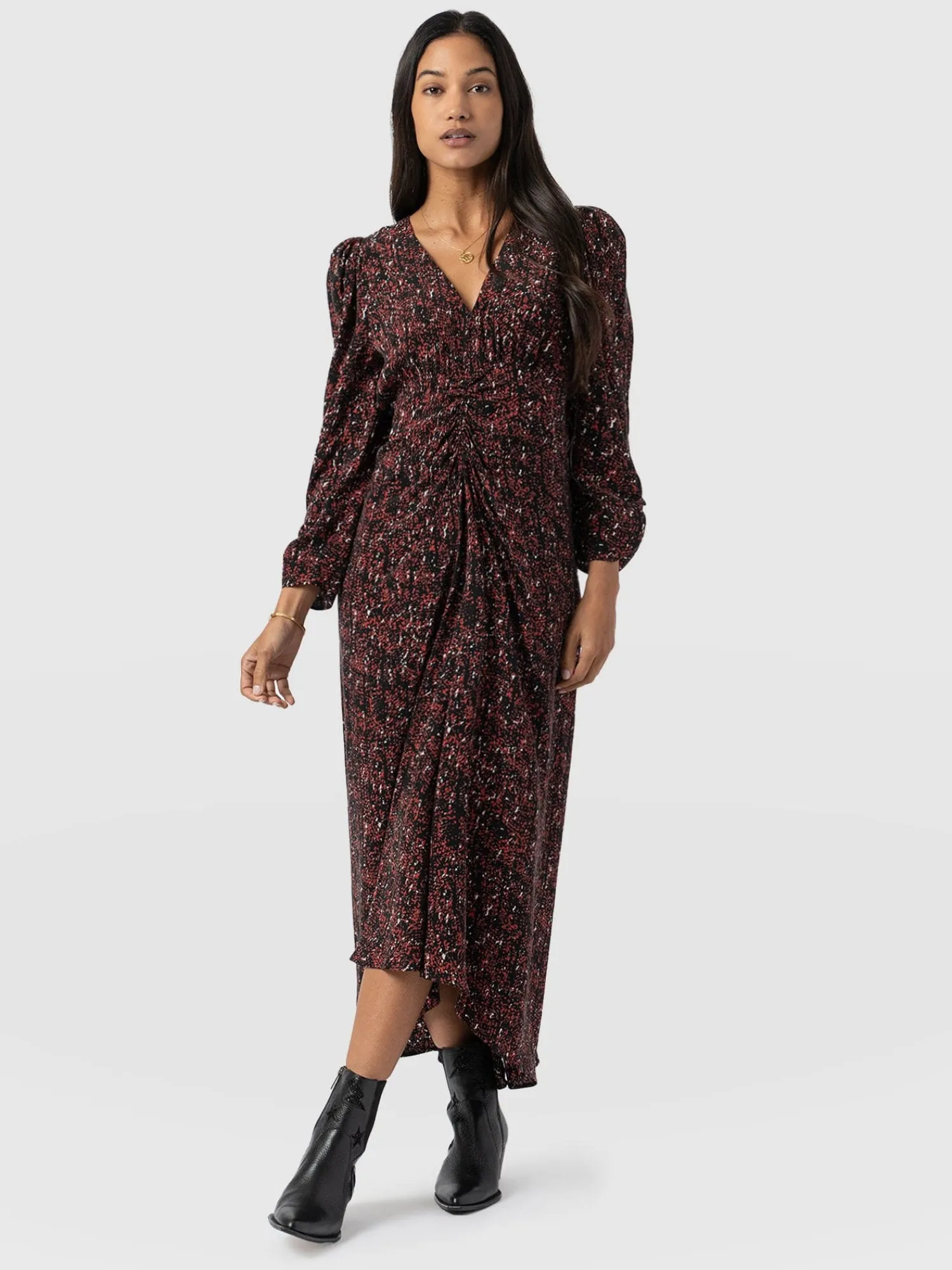 New Saint and Sofia Paloma Ruched Dress - Red Ditsy Leopard