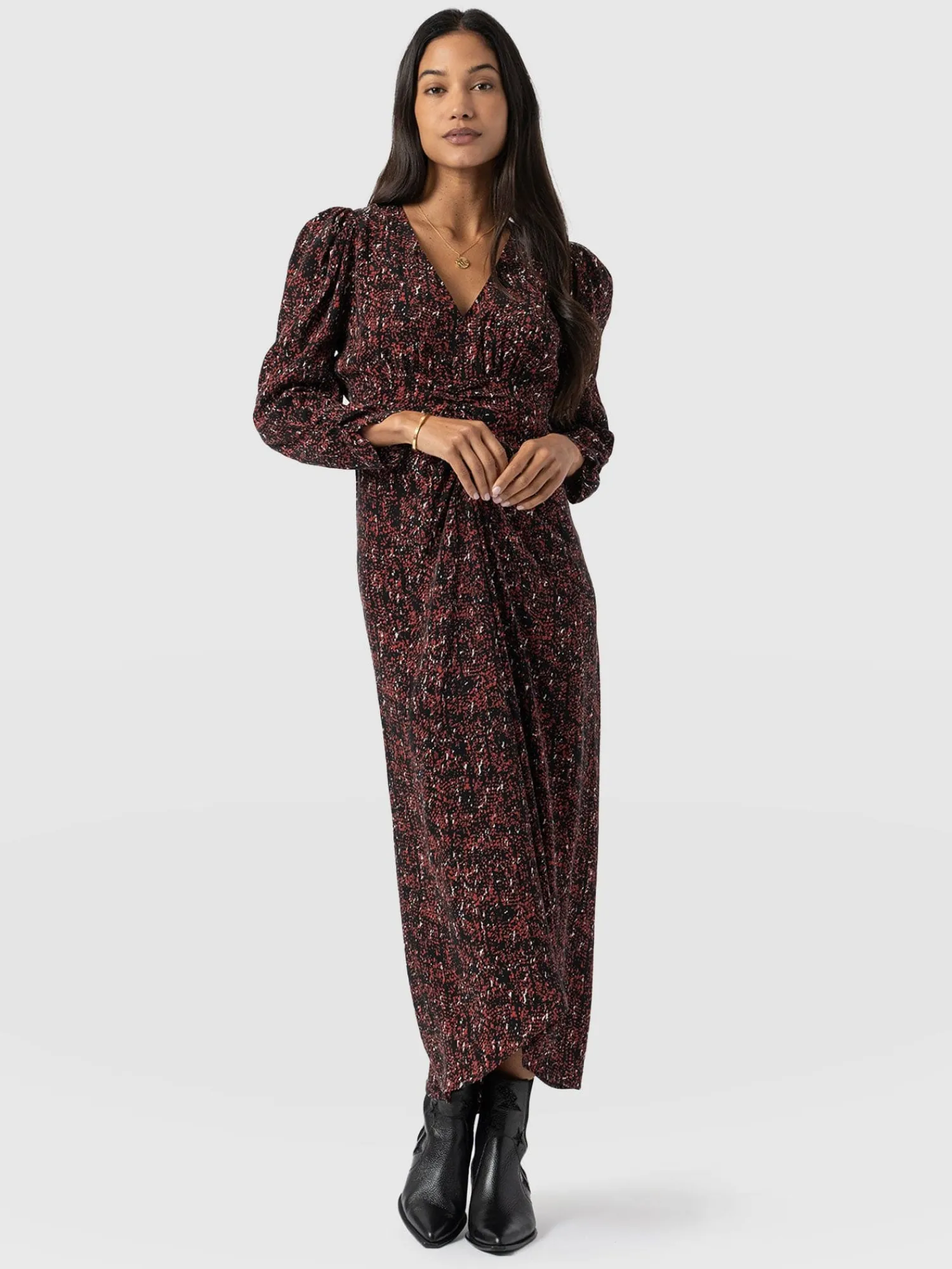 New Saint and Sofia Paloma Ruched Dress - Red Ditsy Leopard