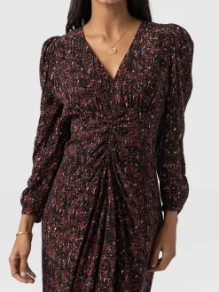 New Saint and Sofia Paloma Ruched Dress - Red Ditsy Leopard