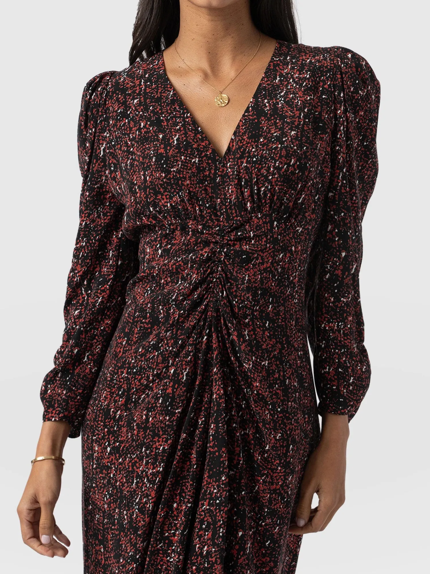 New Saint and Sofia Paloma Ruched Dress - Red Ditsy Leopard