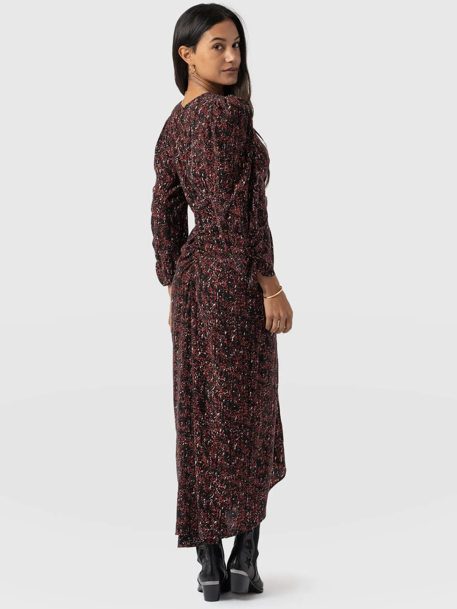 New Saint and Sofia Paloma Ruched Dress - Red Ditsy Leopard