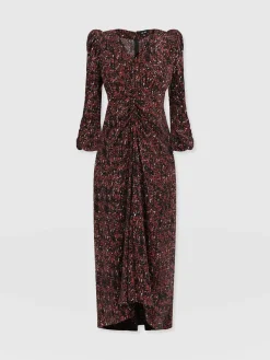 New Saint and Sofia Paloma Ruched Dress - Red Ditsy Leopard