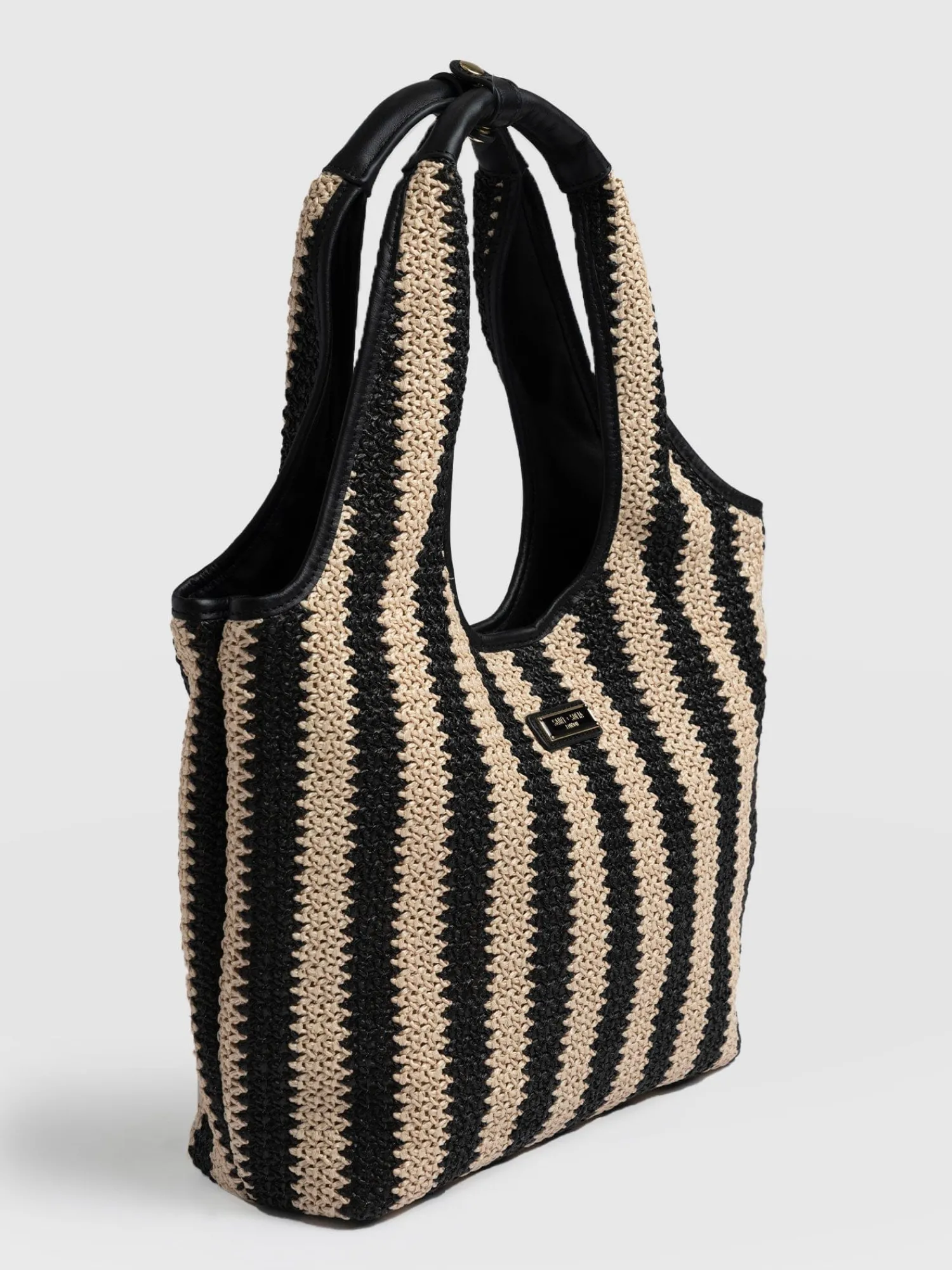 Discount Saint and Sofia Stella Shoulder Tote Bag - Beige/Black Raffia