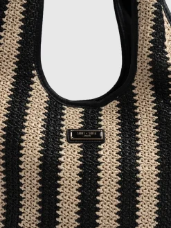 Discount Saint and Sofia Stella Shoulder Tote Bag - Beige/Black Raffia