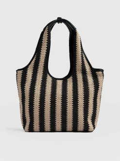 Discount Saint and Sofia Stella Shoulder Tote Bag - Beige/Black Raffia
