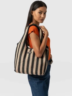 Discount Saint and Sofia Stella Shoulder Tote Bag - Beige/Black Raffia