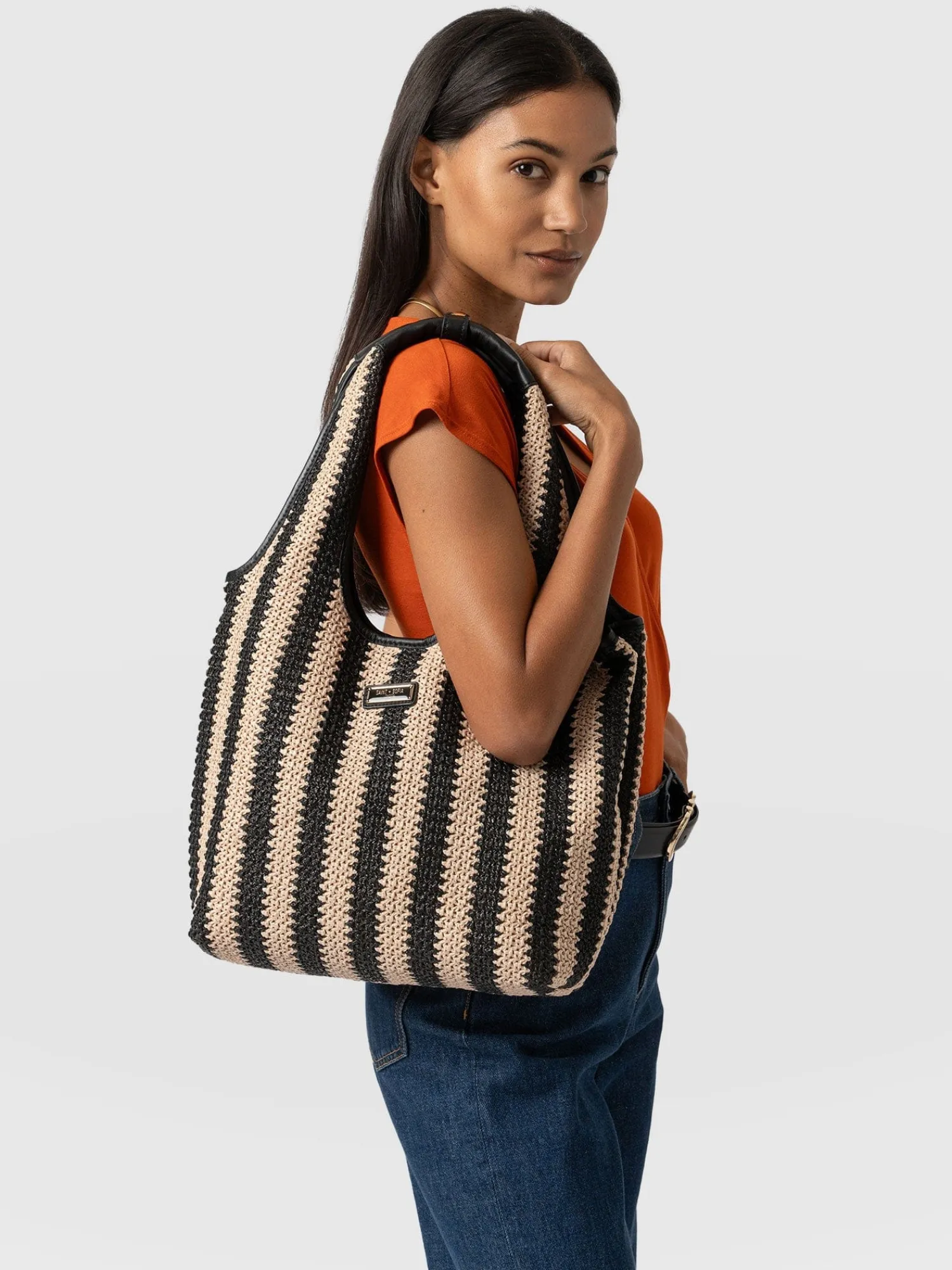 Discount Saint and Sofia Stella Shoulder Tote Bag - Beige/Black Raffia