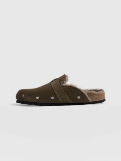 Fashion Saint and Sofia Studded Clogs - Khaki Shearling