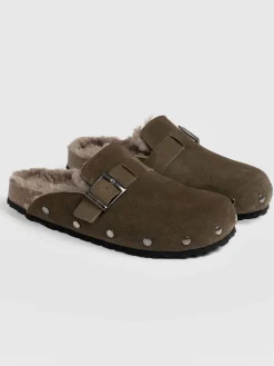 Fashion Saint and Sofia Studded Clogs - Khaki Shearling