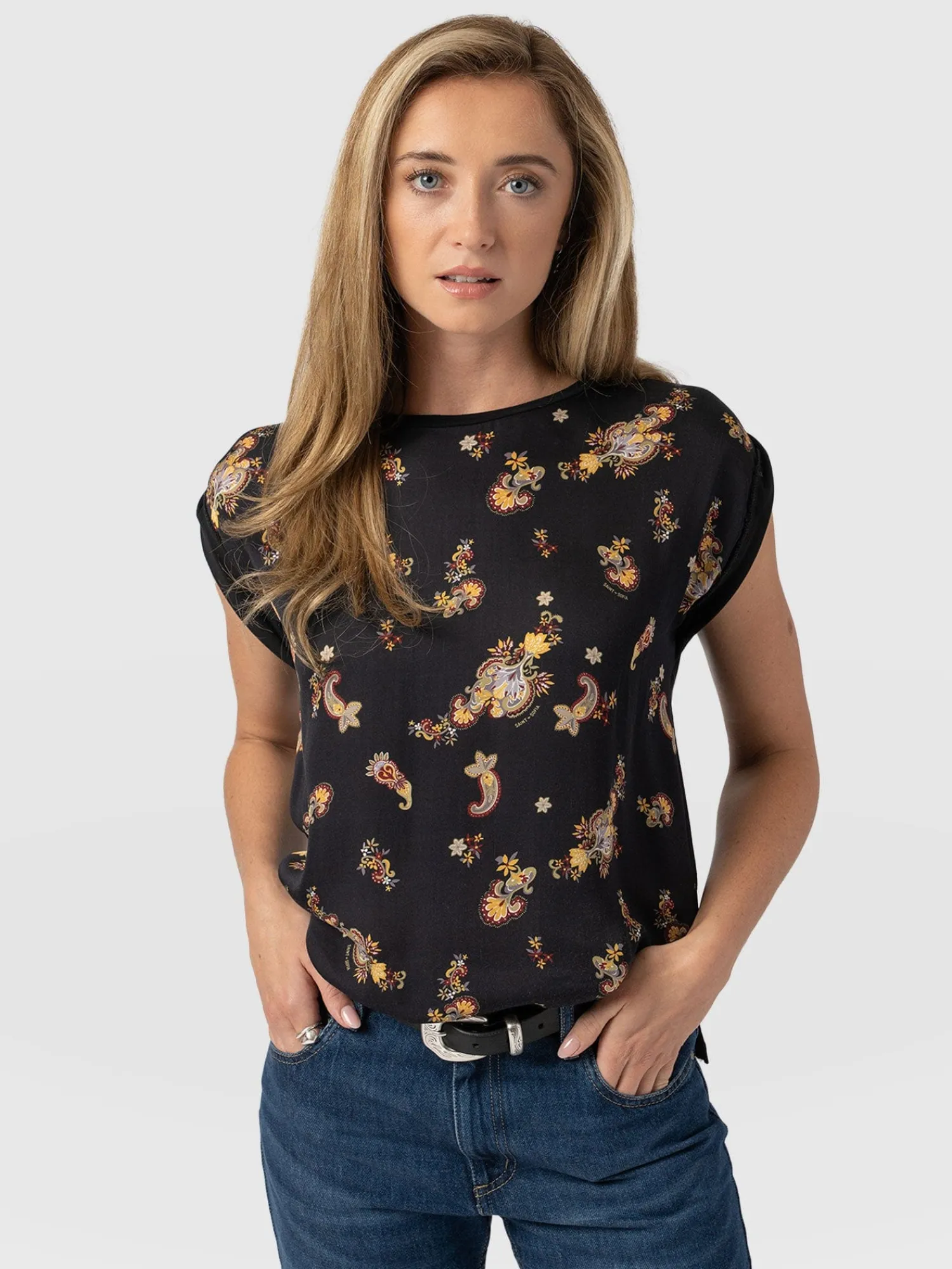 Fashion Saint and Sofia Turn Up Contrast Tee - Black Paisley