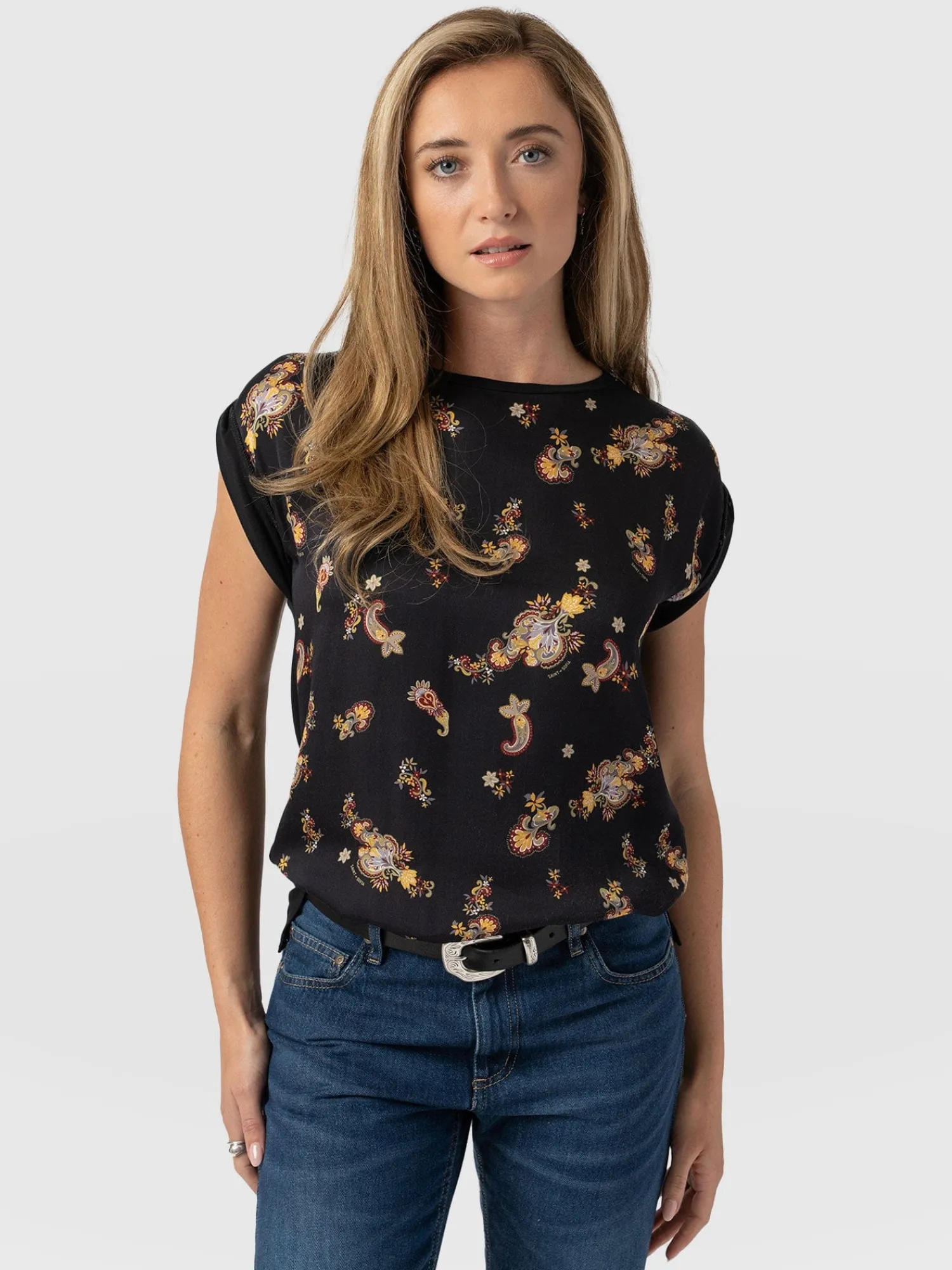 Fashion Saint and Sofia Turn Up Contrast Tee - Black Paisley
